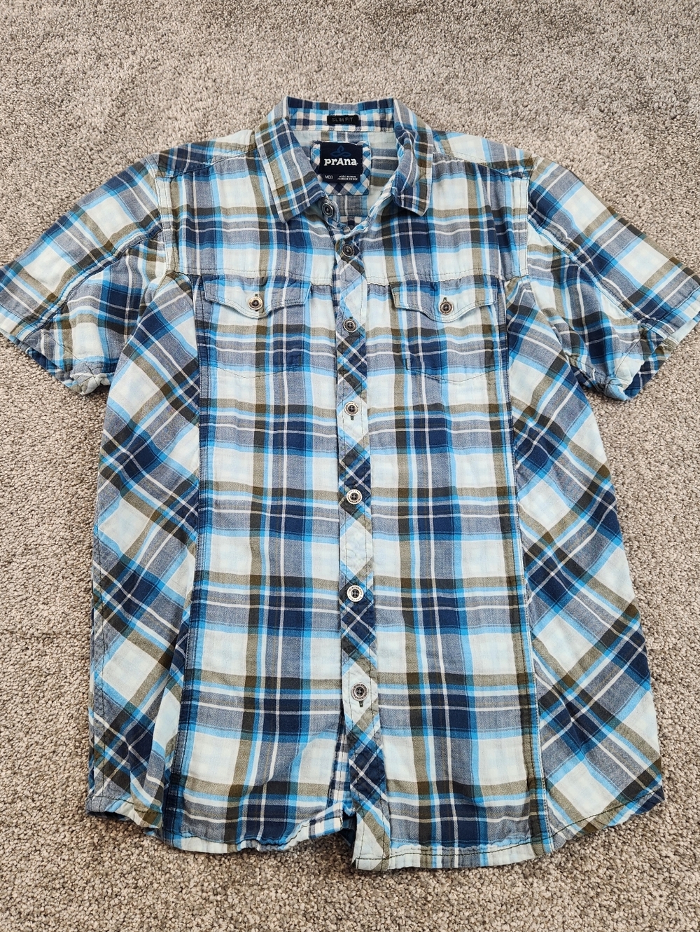 Prana Shirt Men Size Medium Blue Plaid Slim Fit 100% Organic Cotton Short Sleeve